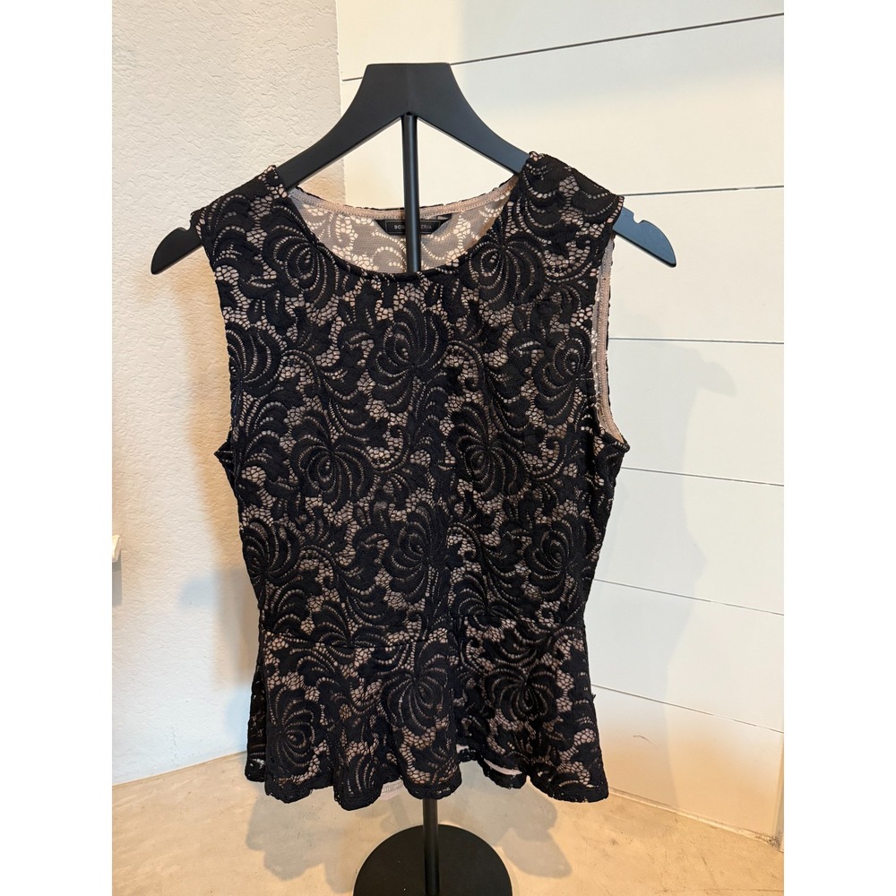 BCBGMAXAZRIA Black Lace Peplum‎ Tank Top Sleeveless Women's Sz M